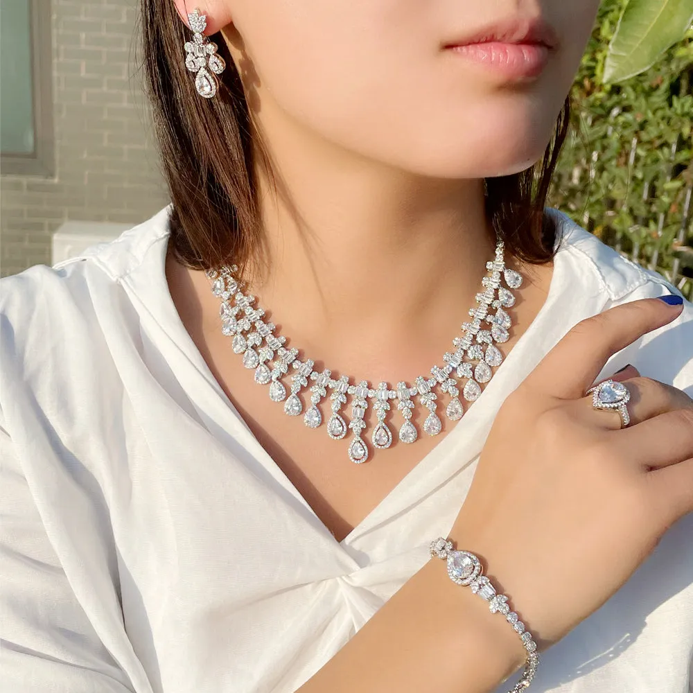 4 pcs Luxury Shiny Tassel Water Drop Big Cubic Zircon Party Necklace Jewelry Sets