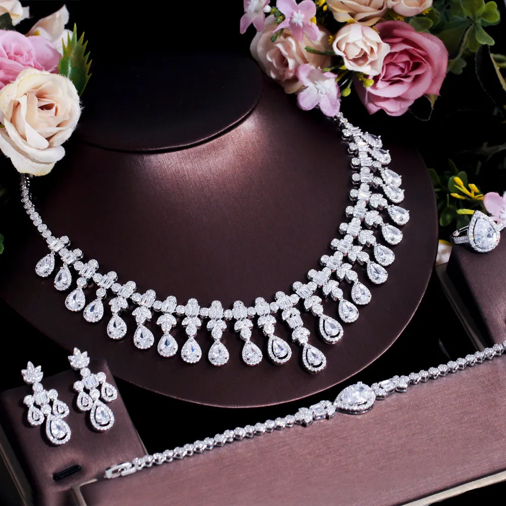 4 pcs Luxury Shiny Tassel Water Drop Big Cubic Zircon Party Necklace Jewelry Sets