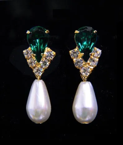 #5538EMG CLIP - Rhinestone Pear V Pearl Drop Earrings-Emerald Gold-Clip