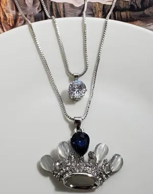 AZ29 Silver Blue Gemstone Moonstone Crown Necklace with FREE Earrings