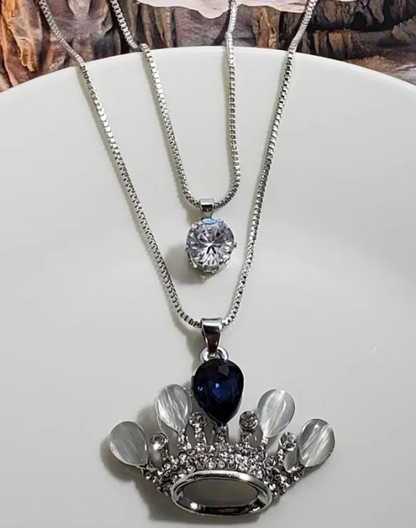 AZ29 Silver Blue Gemstone Moonstone Crown Necklace with FREE Earrings
