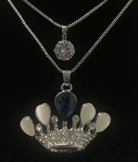 AZ29 Silver Blue Gemstone Moonstone Crown Necklace with FREE Earrings