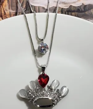 AZ30 Silver Red Gemstone Moonstone Crown Necklace with FREE Earrings