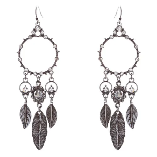 Beautiful Leaf Drop Circle Crystal Rhinestone Fashion Dangle Earrings Hematite