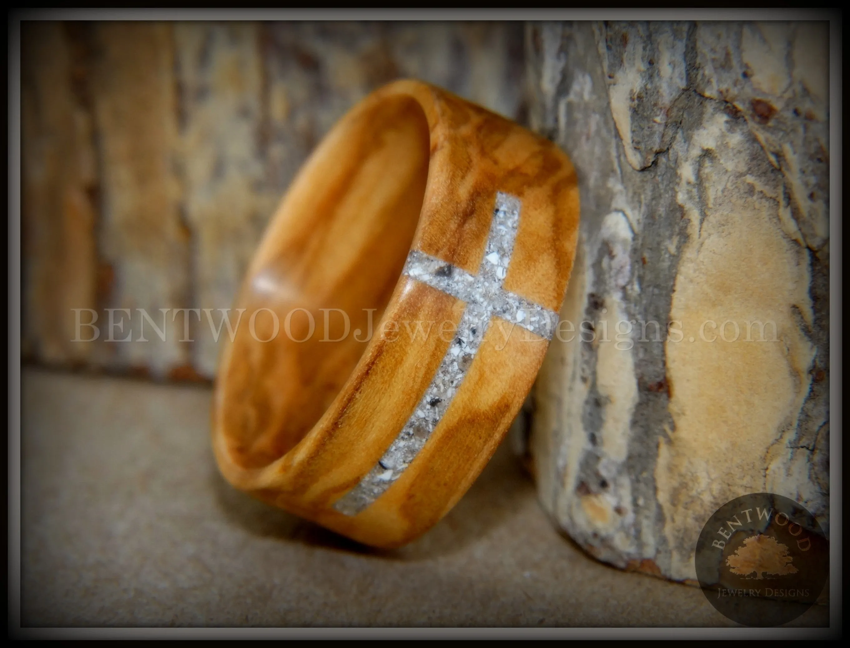 Bentwood Ring - "The Cross" Olivewood Classic Inlaid with Cremation Ashes