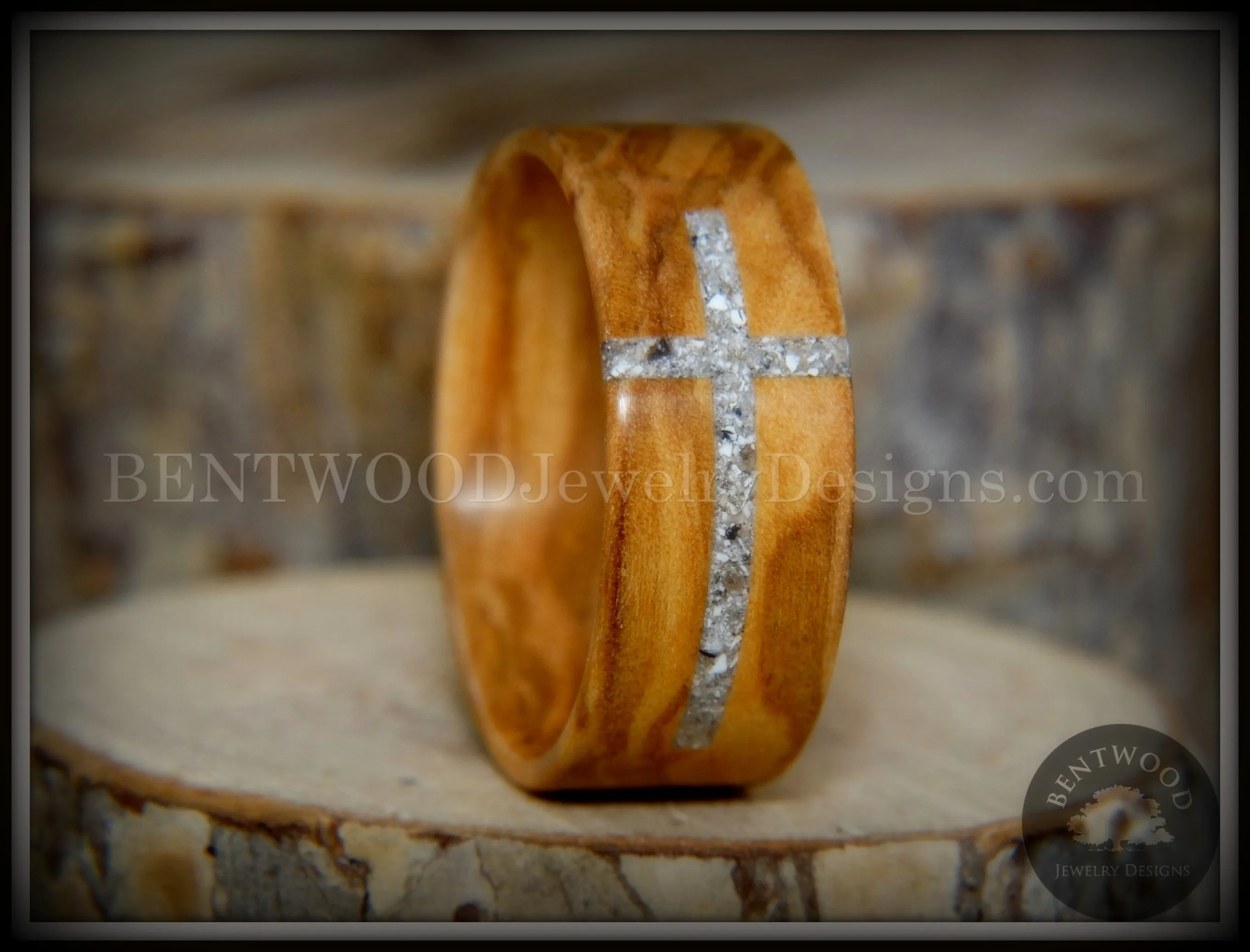 Bentwood Ring - "The Cross" Olivewood Classic Inlaid with Cremation Ashes
