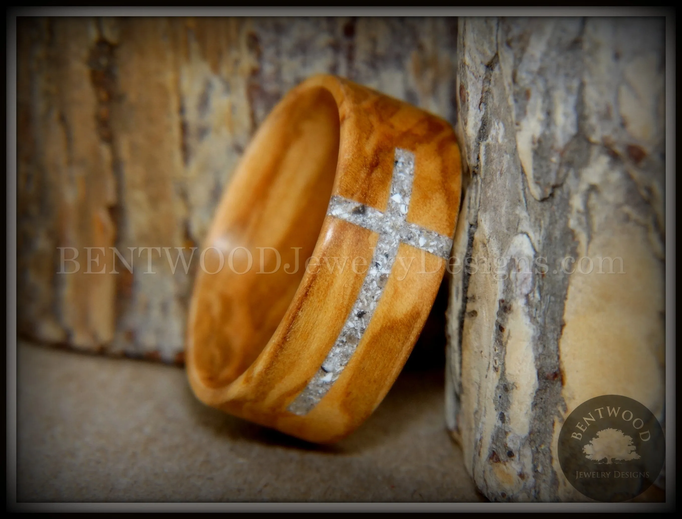 Bentwood Ring - "The Cross" Olivewood Classic Inlaid with Cremation Ashes