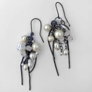 Cluster earrings with pearls and rainbow moonstone