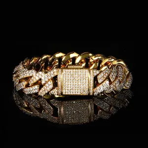 Color: Golden Width 15mm, Size: Bracelet 9 Inches - 15mm Flip Buckle Double Row Zircon Rhombus Cuban Bracelet