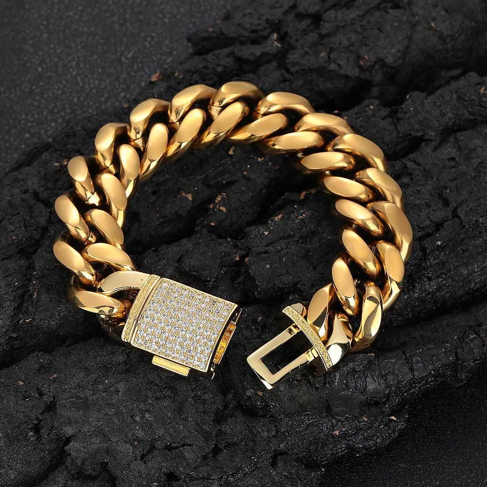 Color: Golden Width 18mm, Purity: Bracelet 7 Inches - Stainless Steel Bracelet Ornament Male Zircon Flip Buckle