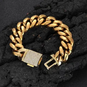 Color: Golden Width 18mm, Purity: Bracelet 7 Inches - Stainless Steel Bracelet Ornament Male Zircon Flip Buckle