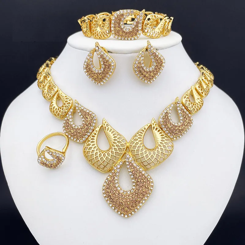 Dubai Gold Color Jewelry Set Women’s Necklace Earrings Charm Bracelet