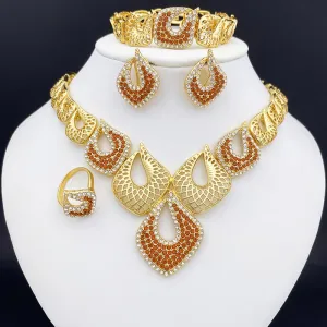 Dubai Gold Color Jewelry Set Women’s Necklace Earrings Charm Bracelet