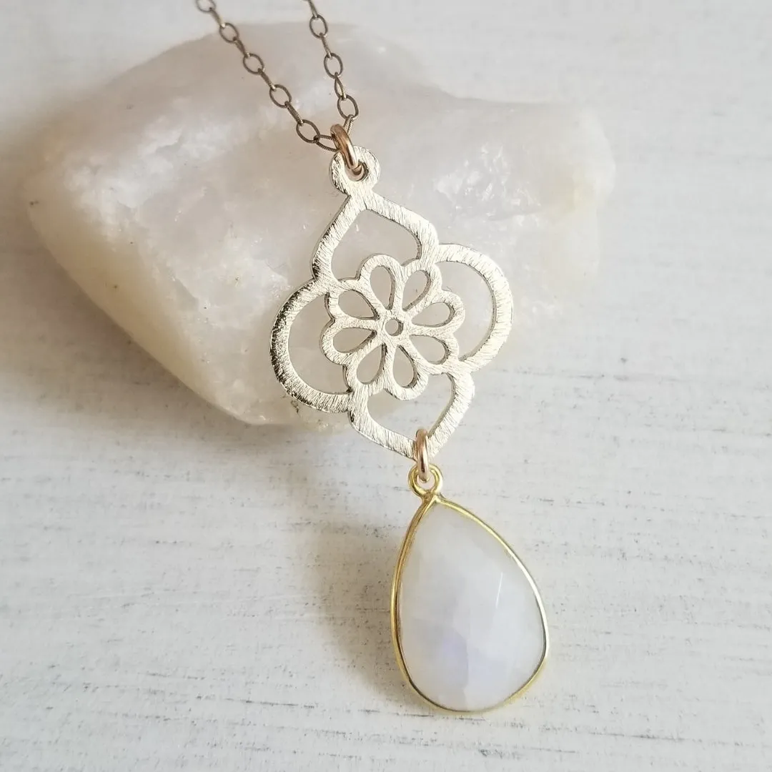 Gold Moonstone and Flower Pendant Necklace