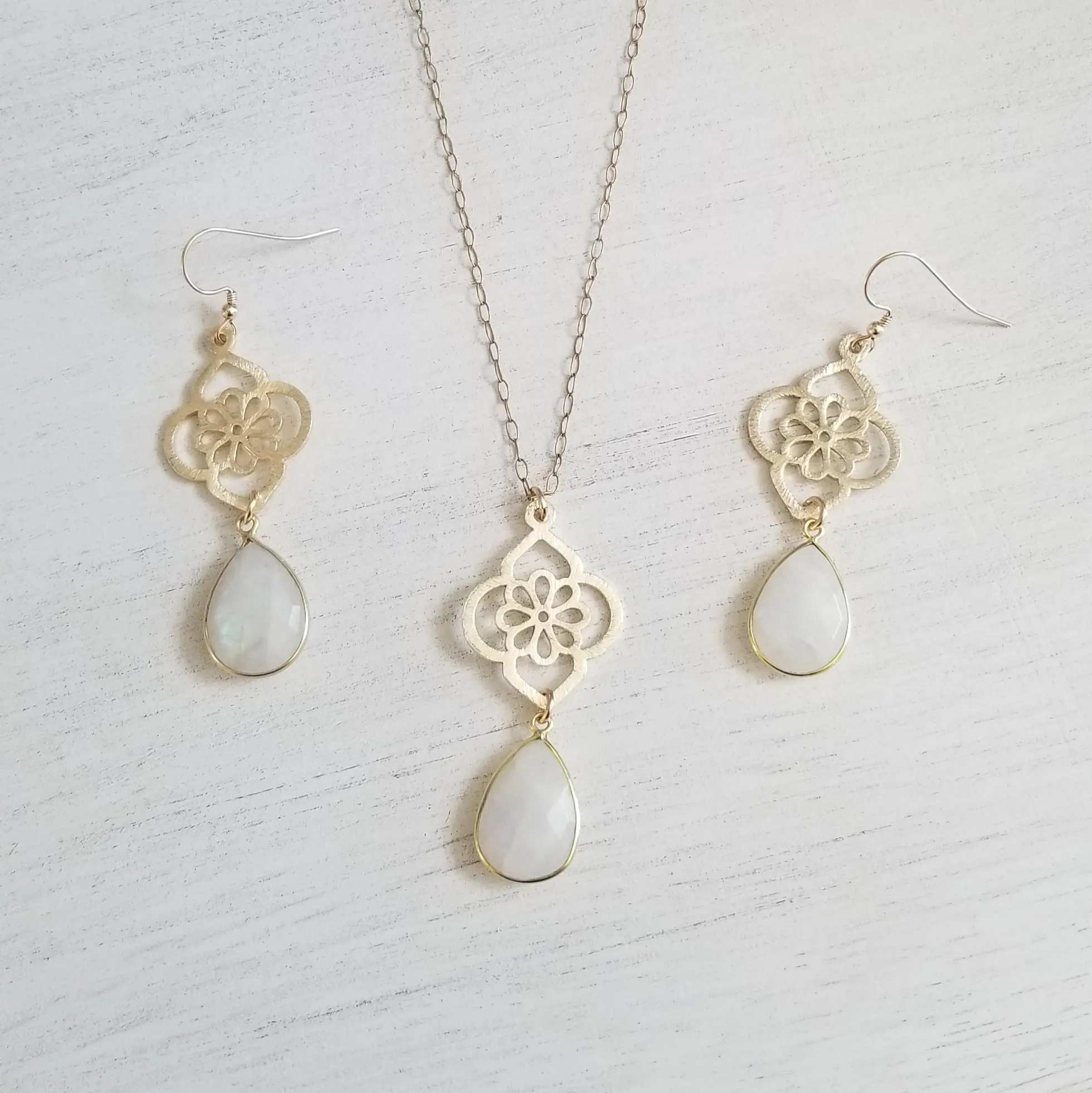 Gold Moonstone and Flower Pendant Necklace