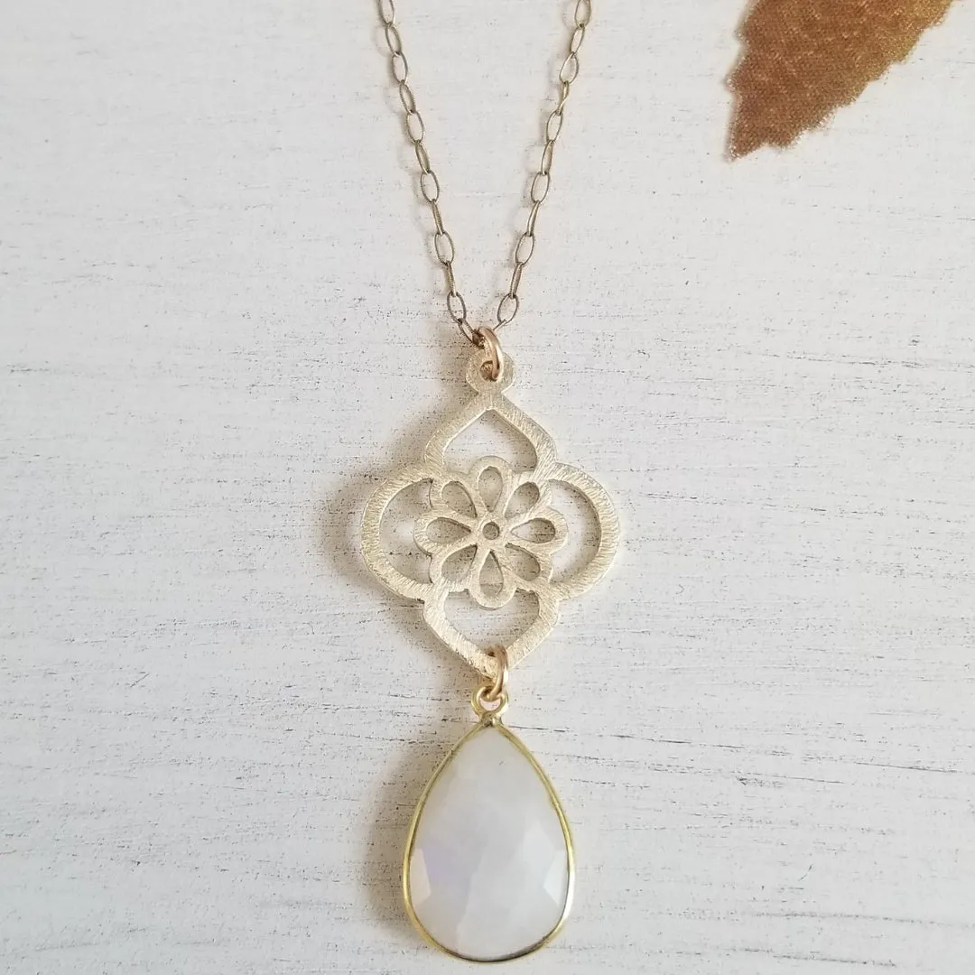 Gold Moonstone and Flower Pendant Necklace