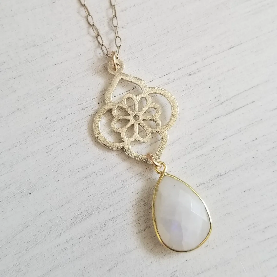 Gold Moonstone and Flower Pendant Necklace