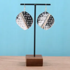 Hammered Half Leaf Dangle Earrings Silver Tone