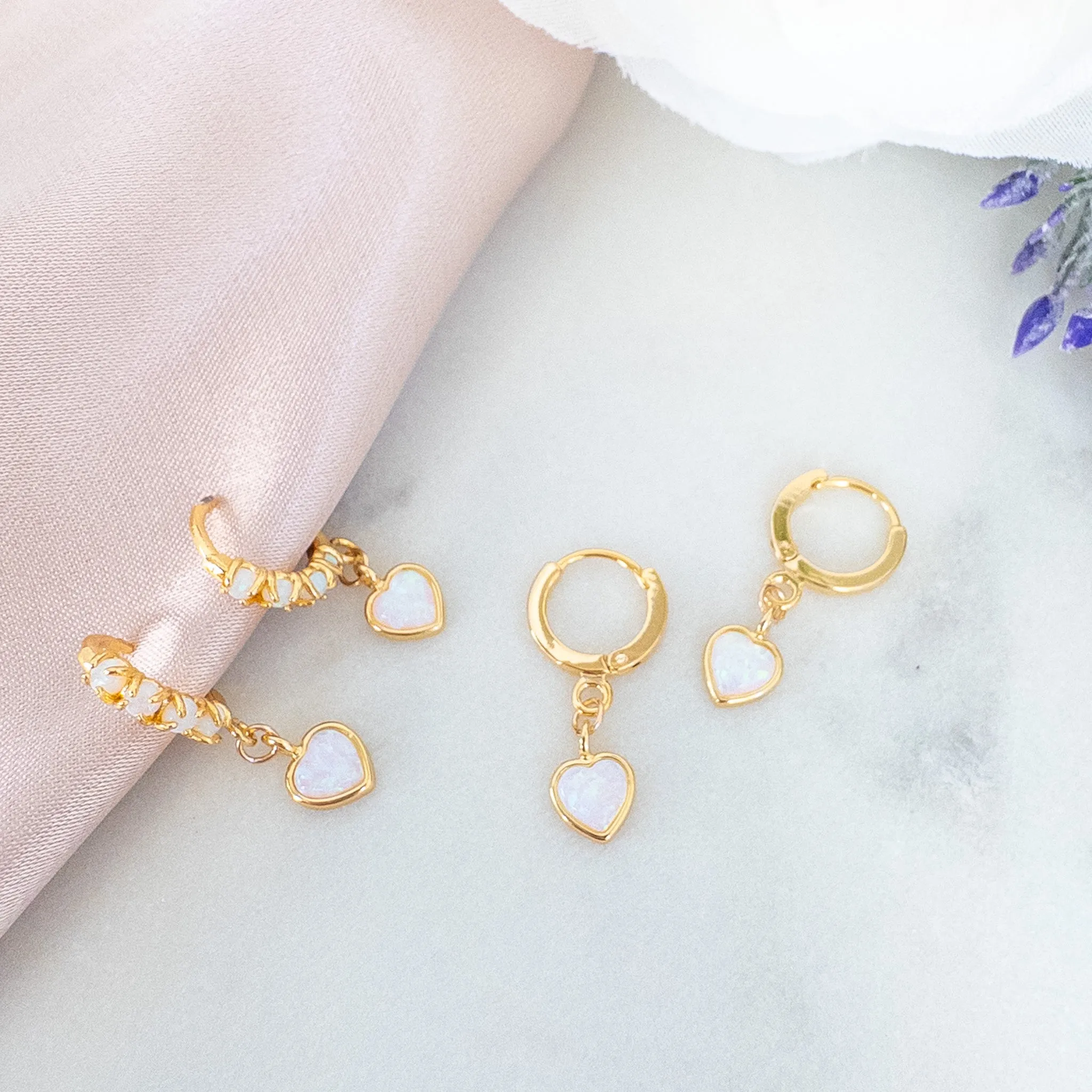 Heart Opal Inlay Huggie Hoops