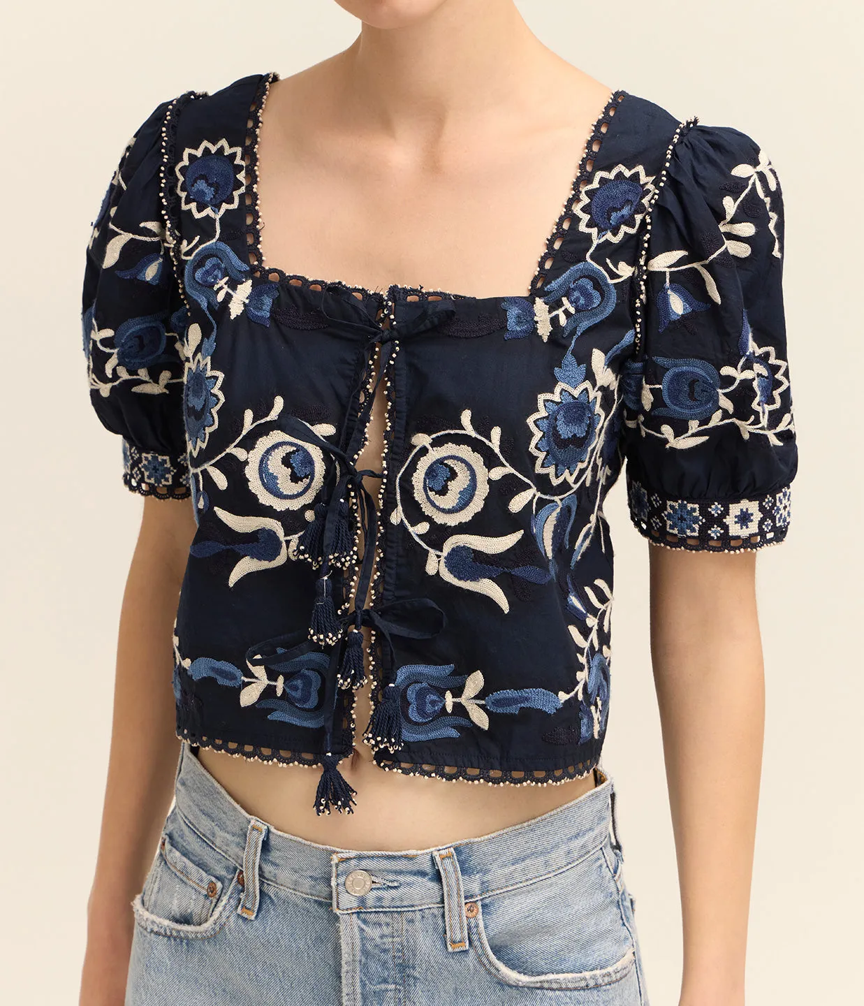 Inga Embroidery Puff Sleeve Top in Navy