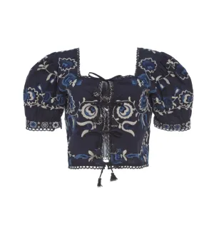 Inga Embroidery Puff Sleeve Top in Navy