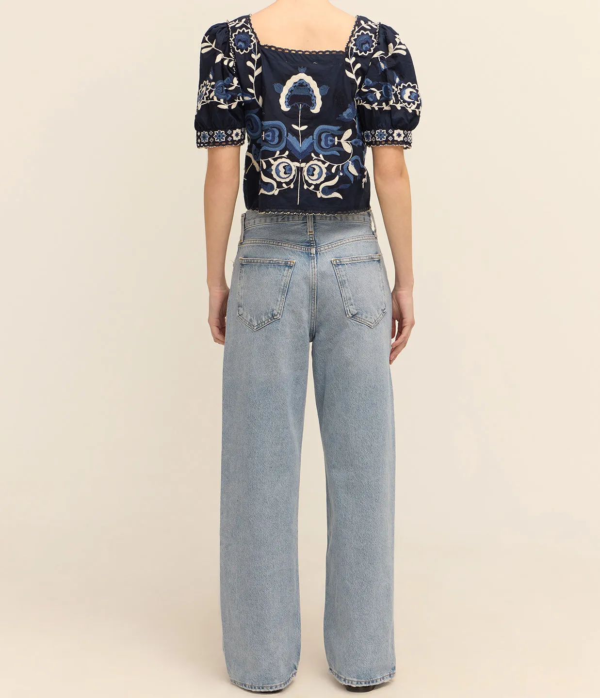Inga Embroidery Puff Sleeve Top in Navy