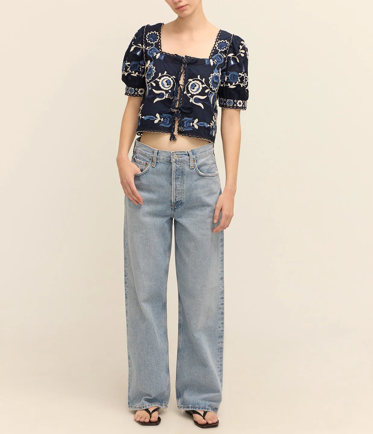 Inga Embroidery Puff Sleeve Top in Navy
