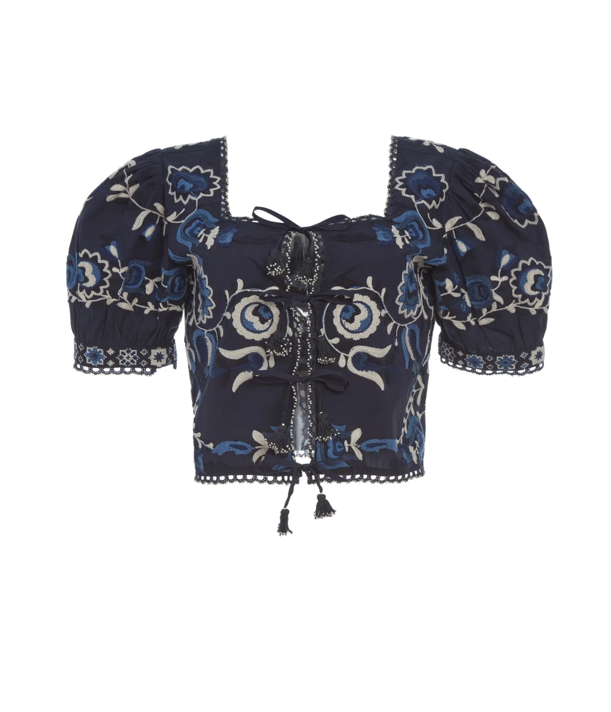 Inga Embroidery Puff Sleeve Top in Navy