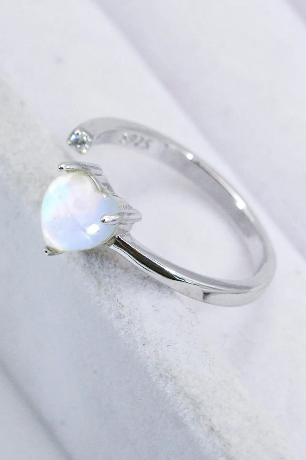 Inlaid Moonstone Heart Adjustable Open Ring