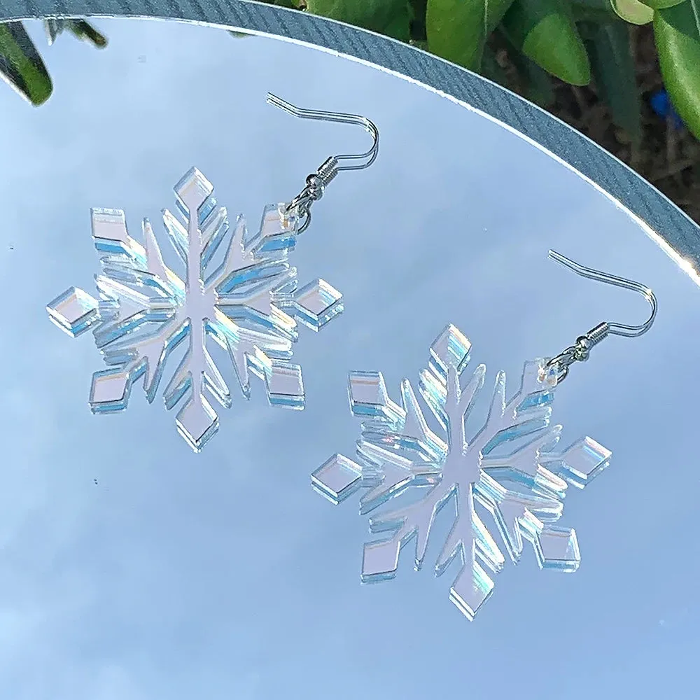 Iridescent Snowflake Winter Aesthetic Dangle Earrings