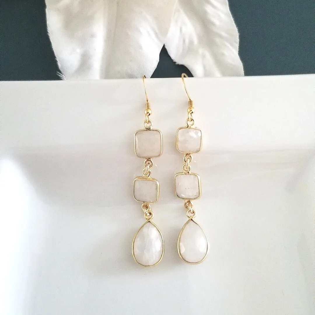 Long Gold Moonstone Teardrop Earrings