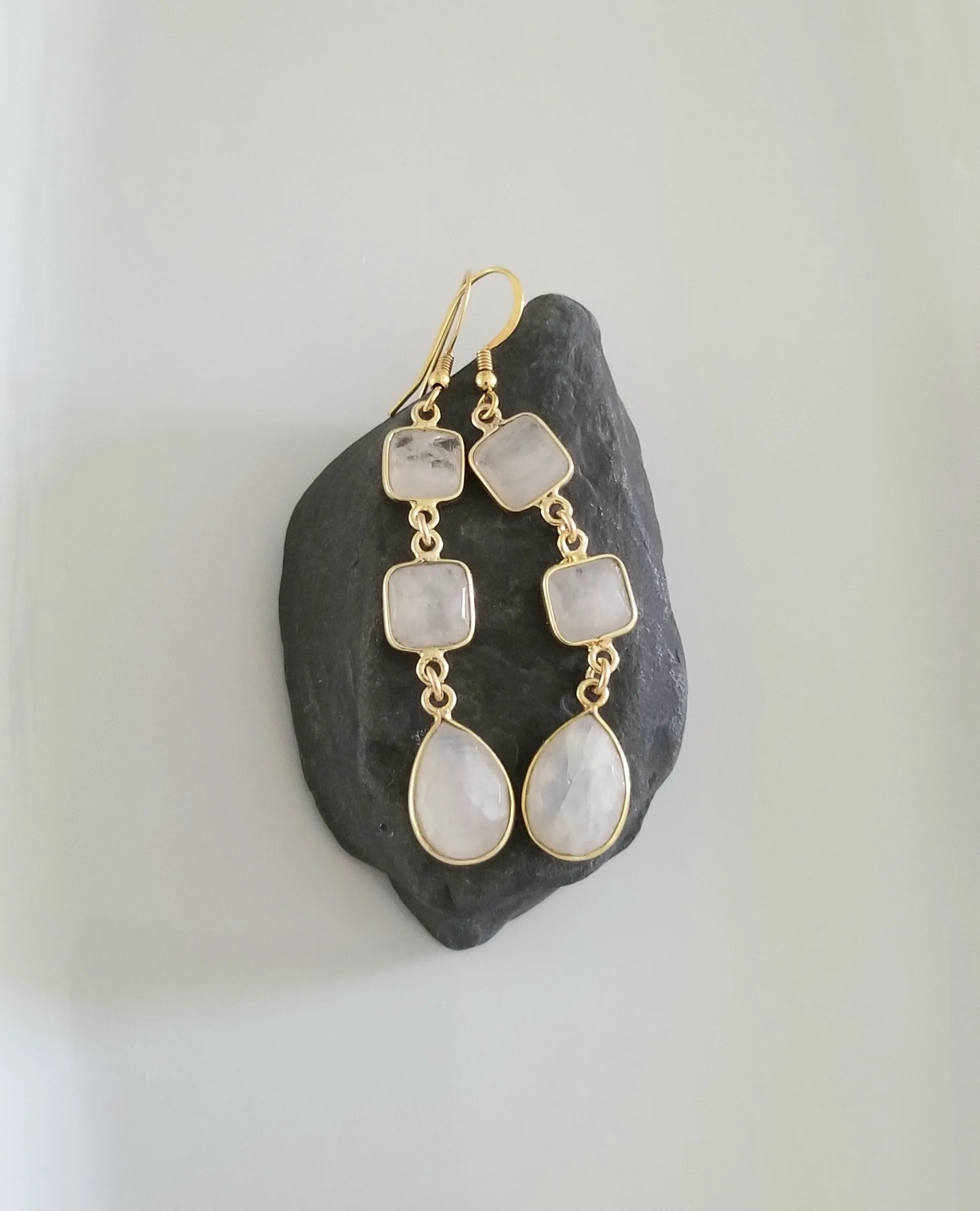 Long Gold Moonstone Teardrop Earrings