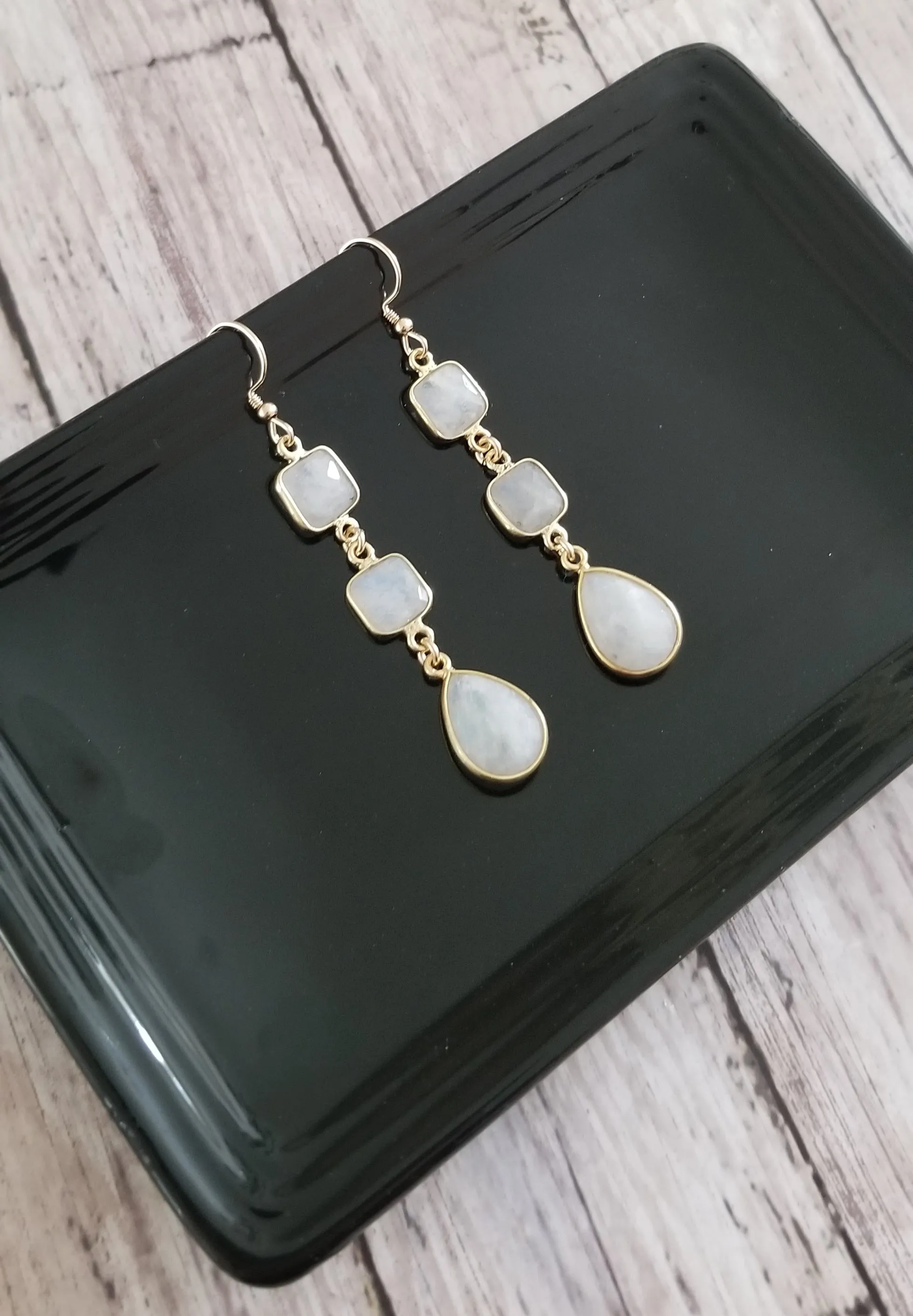 Long Gold Moonstone Teardrop Earrings