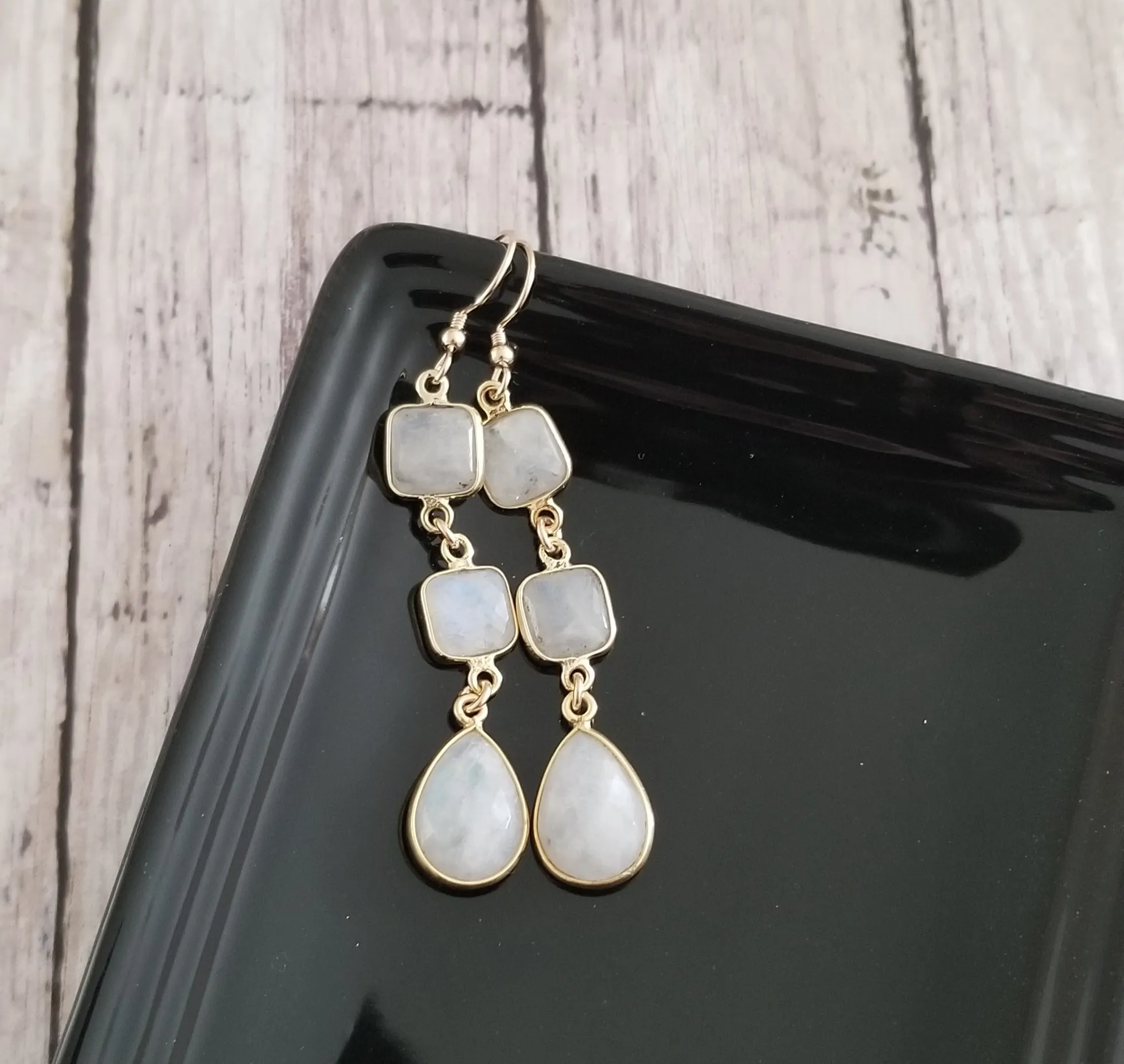 Long Gold Moonstone Teardrop Earrings