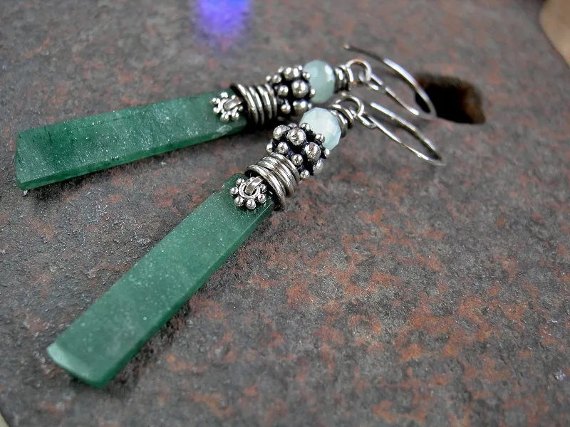 Mossy Green Earrings, Hand Cut Aventurine Tabs, Silver Wire Wrap