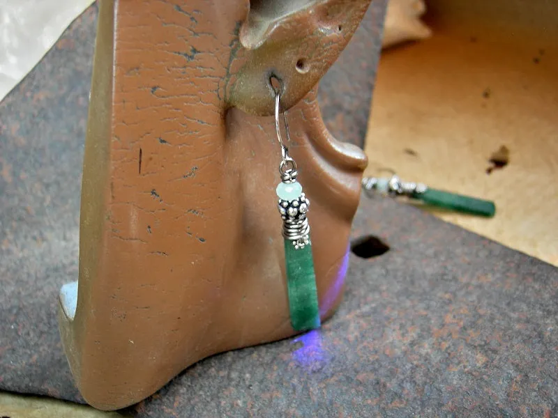 Mossy Green Earrings, Hand Cut Aventurine Tabs, Silver Wire Wrap