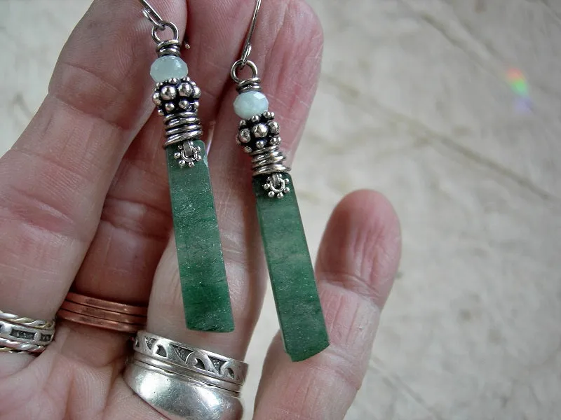 Mossy Green Earrings, Hand Cut Aventurine Tabs, Silver Wire Wrap