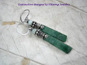 Mossy Green Earrings, Hand Cut Aventurine Tabs, Silver Wire Wrap