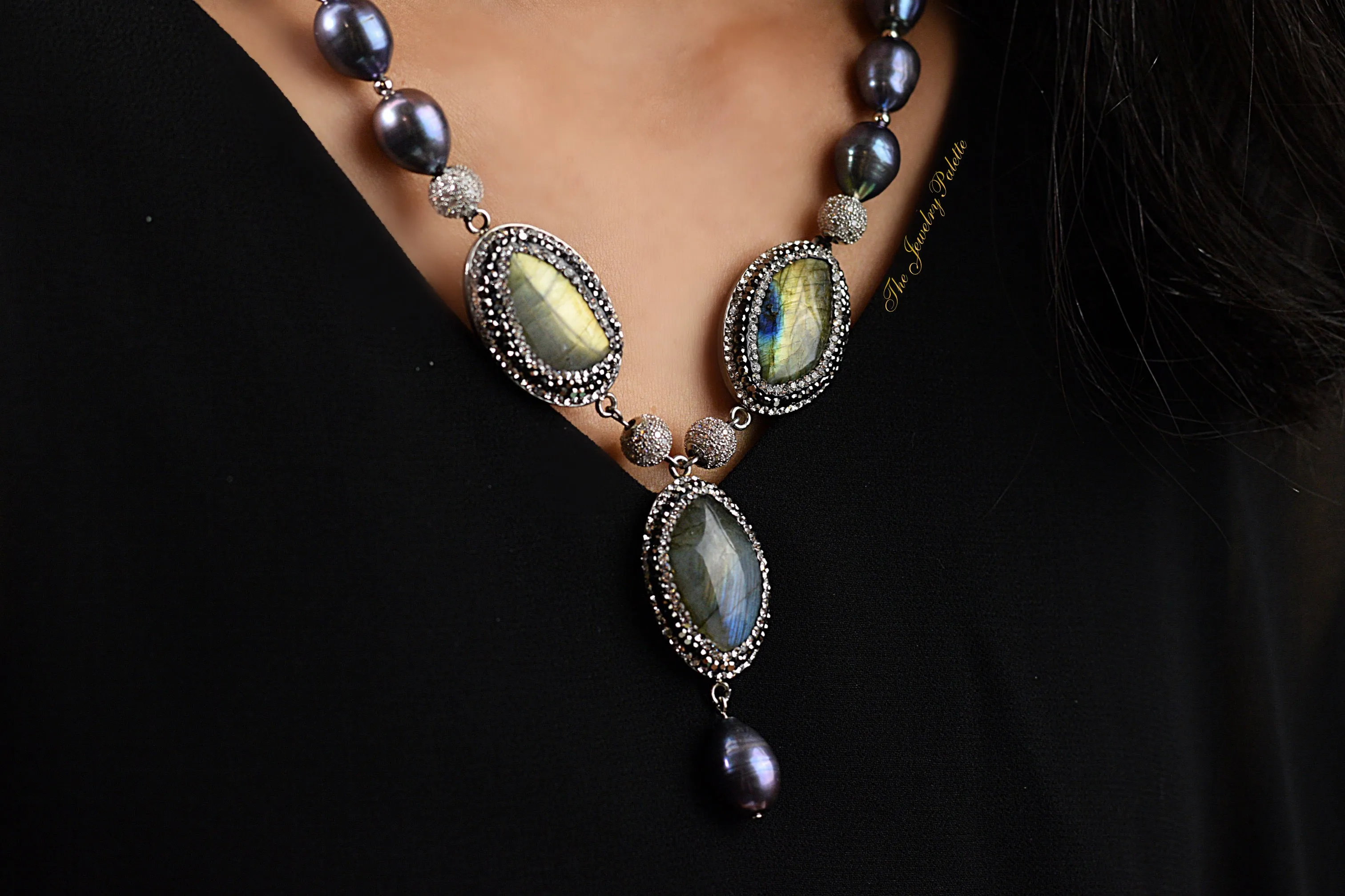 Nermin grey freshwater pearl and labradorite short necklace