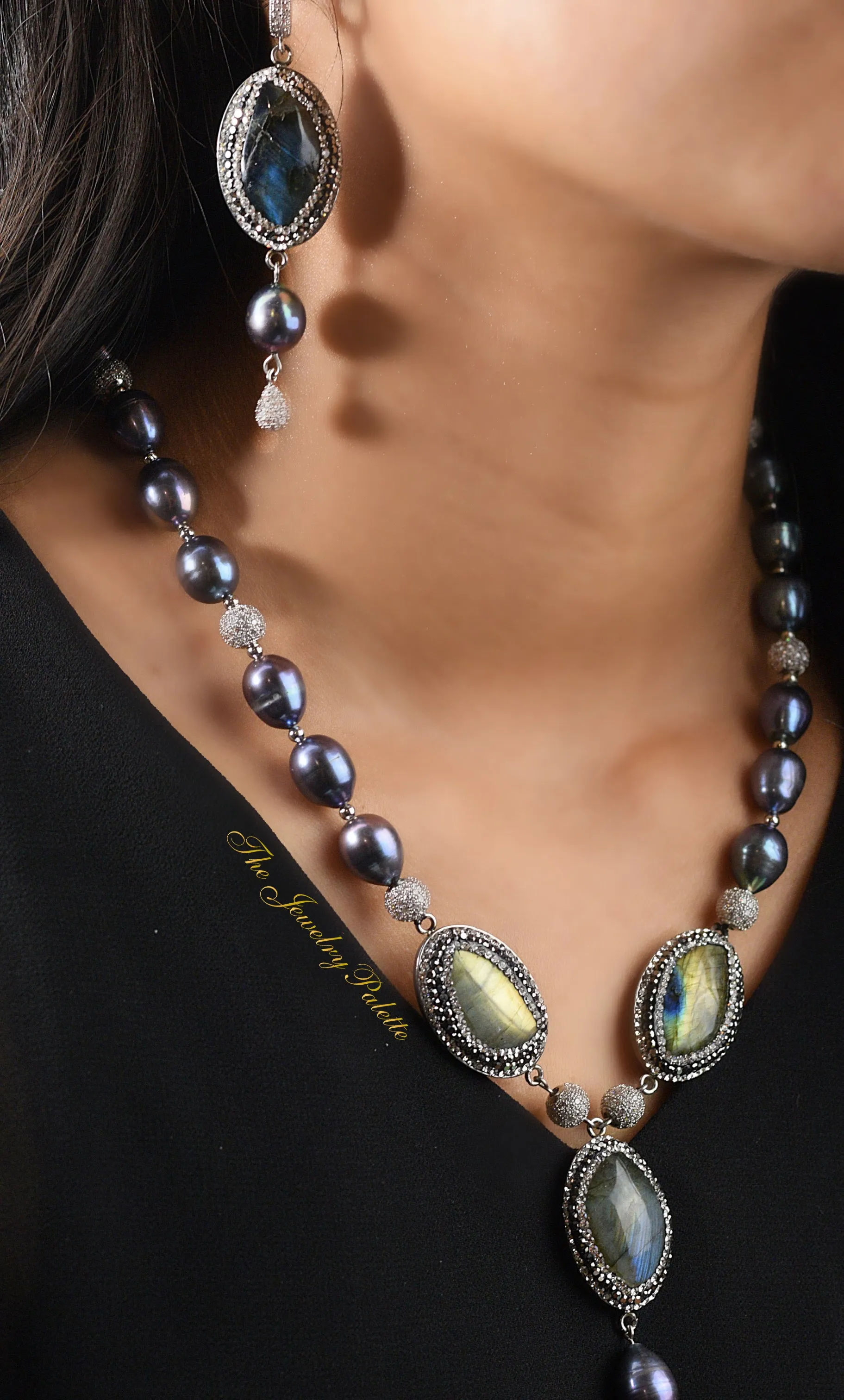 Nermin grey freshwater pearl and labradorite short necklace