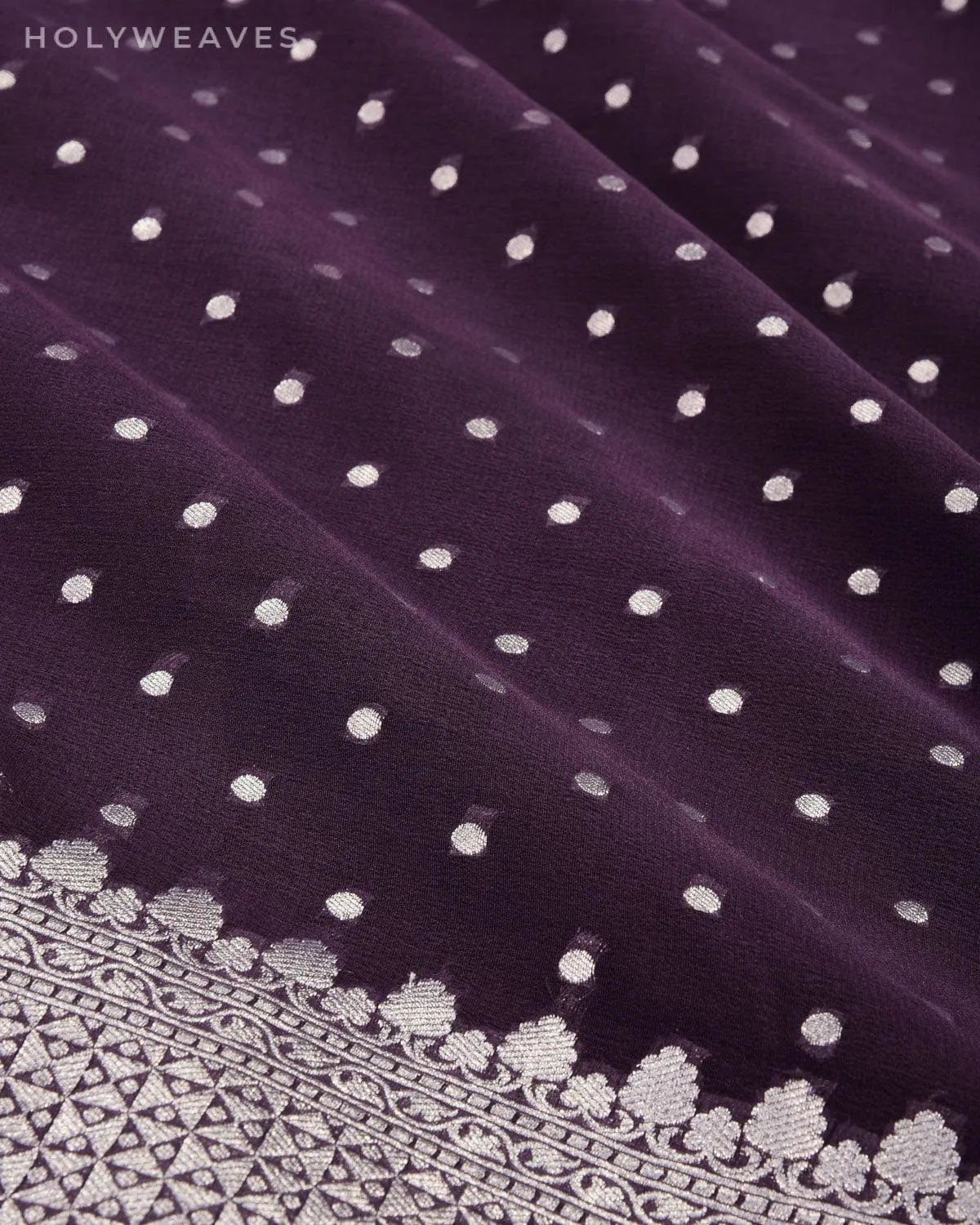 Purplish Gray Banarasi Silver Polka Buti Cutwork Brocade Handwoven Khaddi Georgette Saree