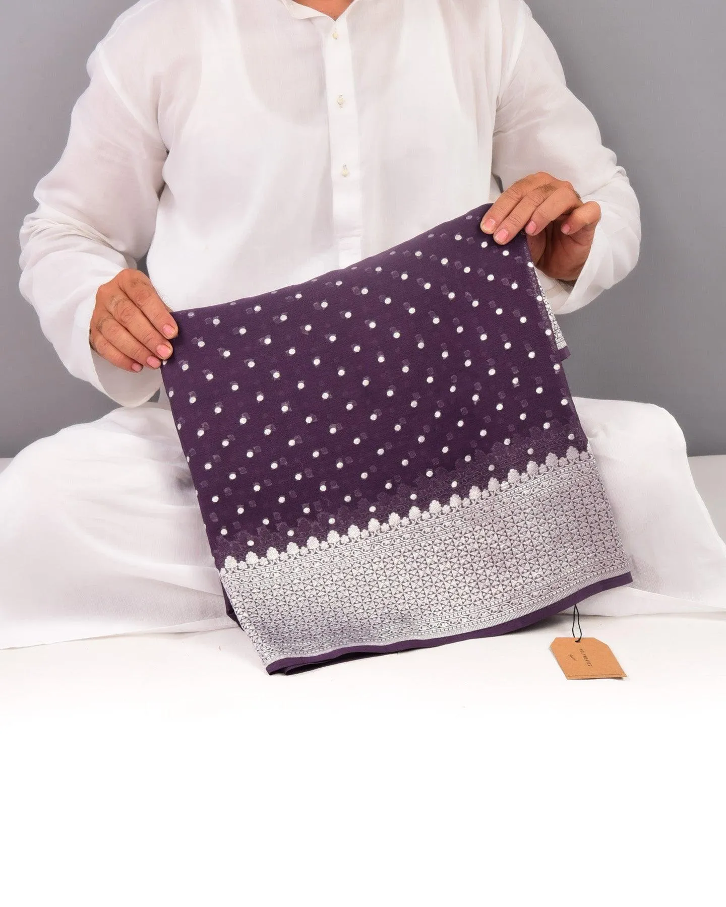 Purplish Gray Banarasi Silver Polka Buti Cutwork Brocade Handwoven Khaddi Georgette Saree