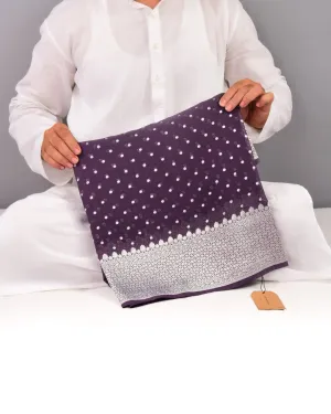 Purplish Gray Banarasi Silver Polka Buti Cutwork Brocade Handwoven Khaddi Georgette Saree