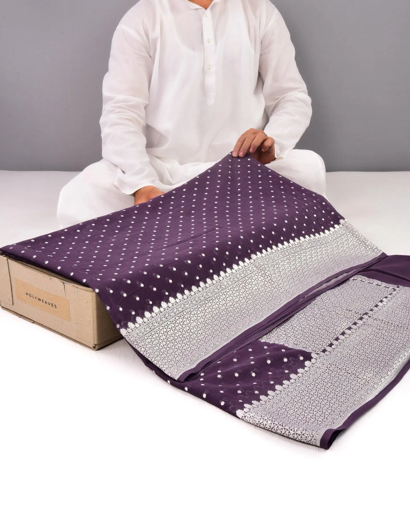 Purplish Gray Banarasi Silver Polka Buti Cutwork Brocade Handwoven Khaddi Georgette Saree