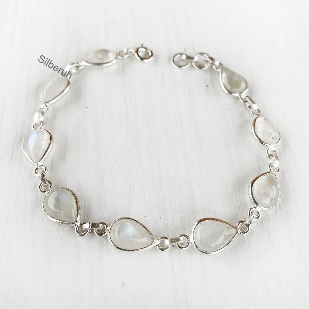 Rainbow Moonstone Teardrop Silver Bracelet