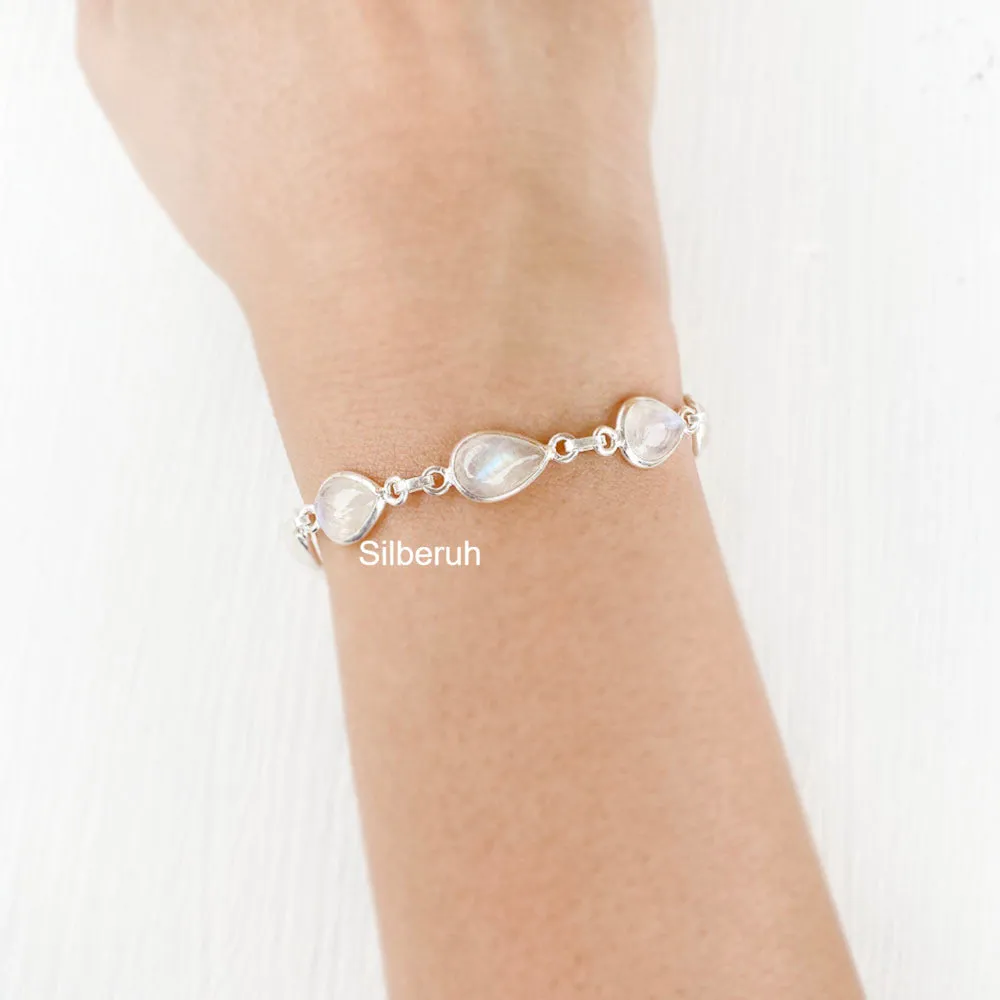 Rainbow Moonstone Teardrop Silver Bracelet