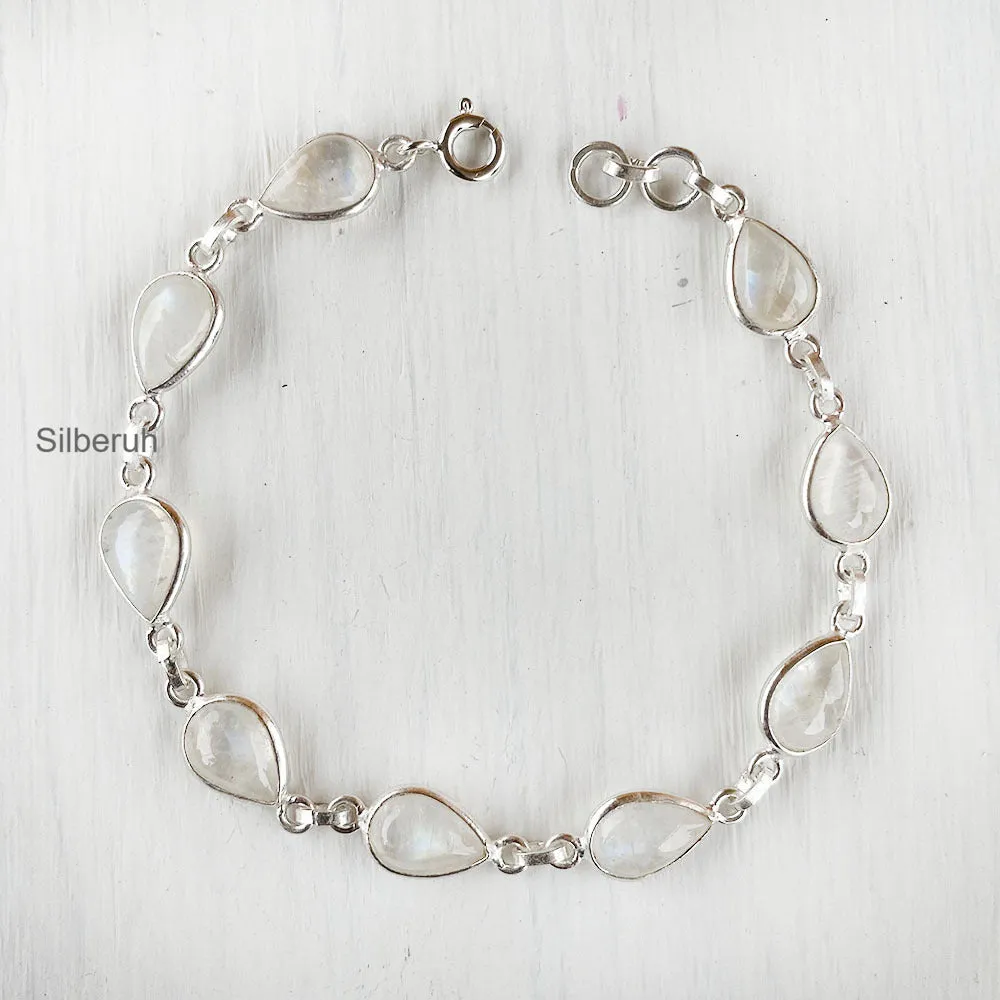 Rainbow Moonstone Teardrop Silver Bracelet