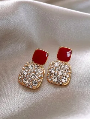 Red Square Shape Full Shiny Rhinestone Earrings