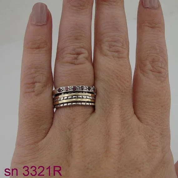 Silver & Gold Swivel Ring inlaid Ruby (sn 3321r)