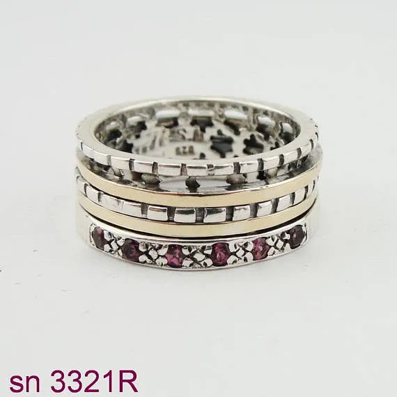 Silver & Gold Swivel Ring inlaid Ruby (sn 3321r)
